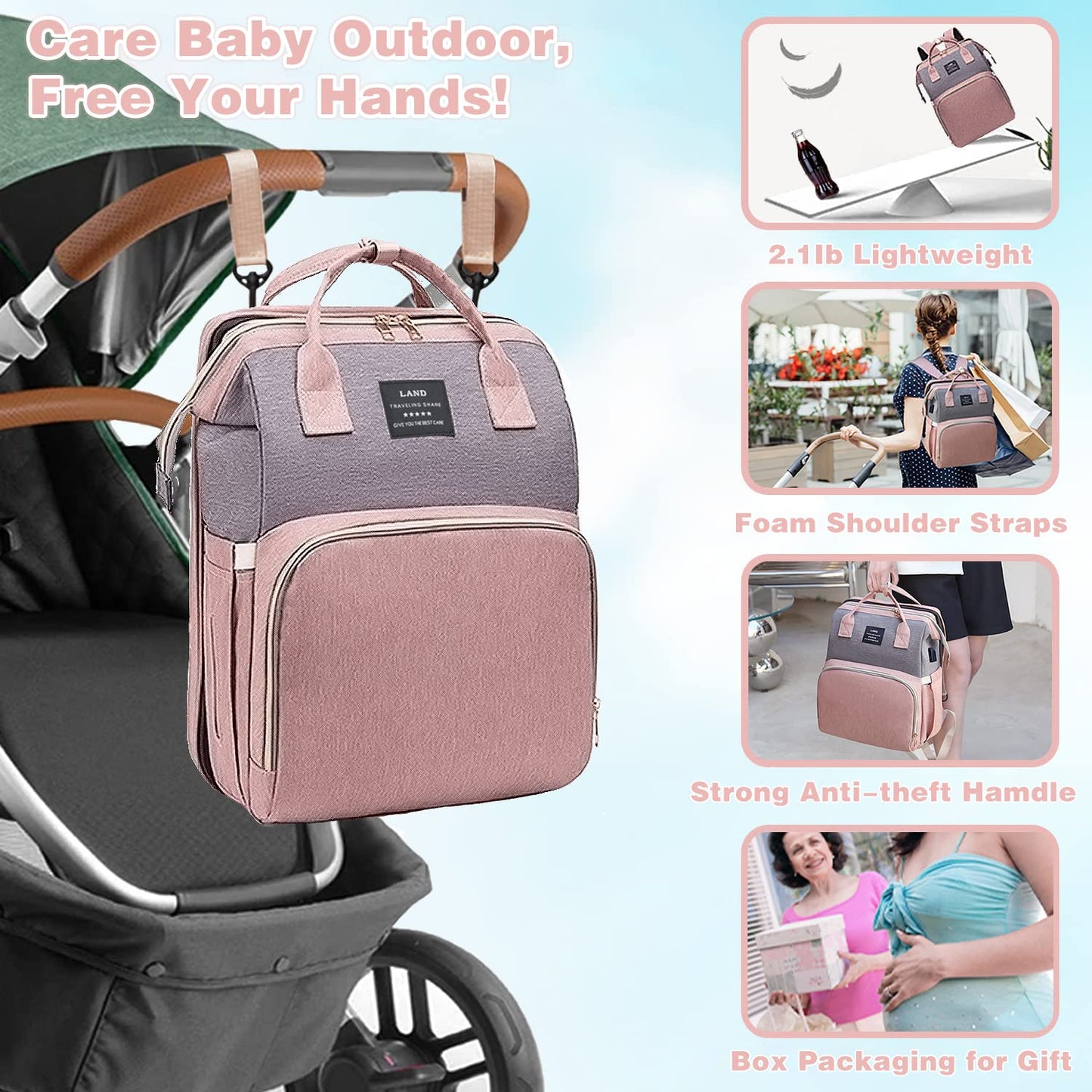 Luxury 7-in-1 Diaper Bag Backpack with Changing Station & USB Charging Port - Stylish Pink-Grey Mommy Bag