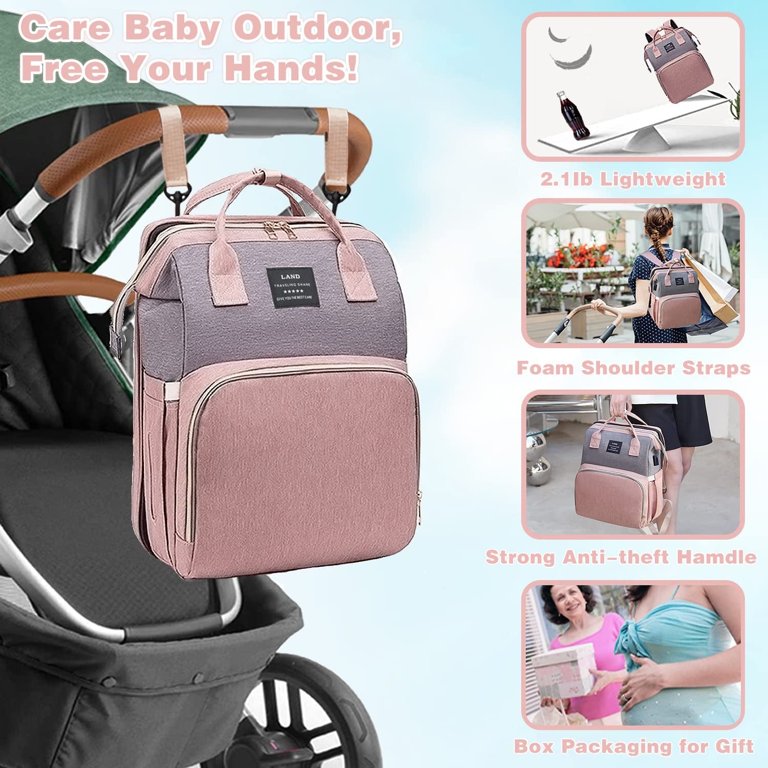 Luxury 7-in-1 Diaper Bag Backpack with Changing Station & USB Charging Port - Stylish Pink-Grey Mommy Bag