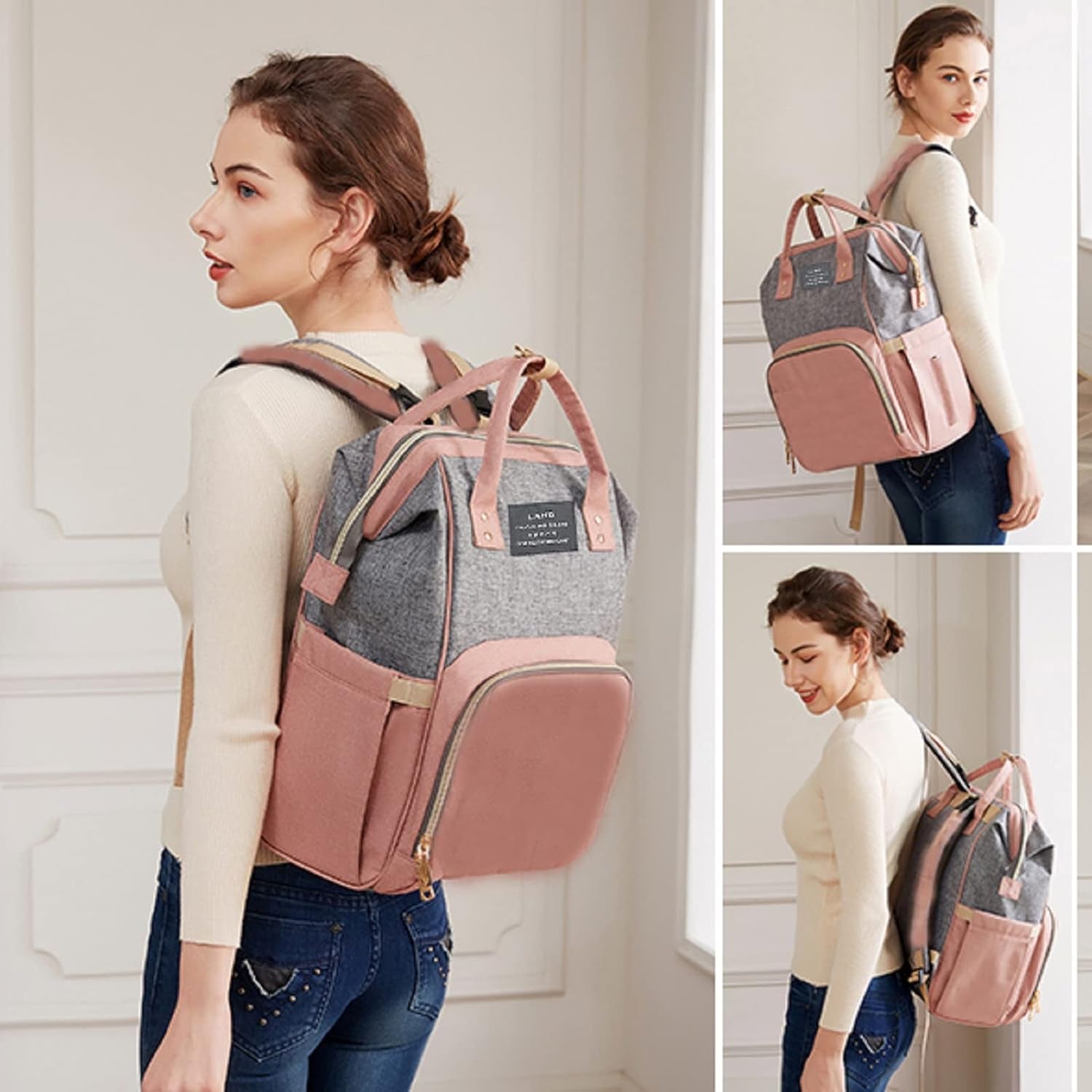 Luxury 7-in-1 Diaper Bag Backpack with Changing Station & USB Charging Port - Stylish Pink-Grey Mommy Bag