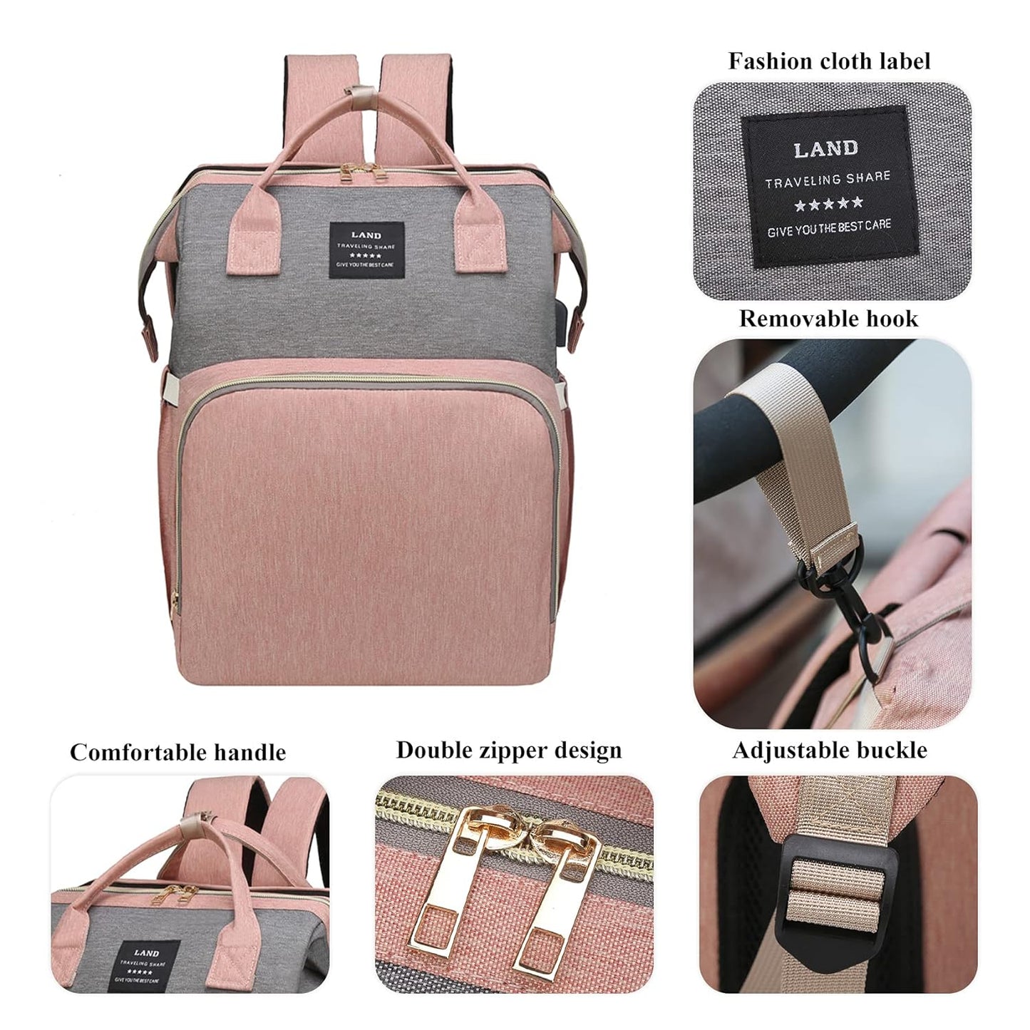 Luxury 7-in-1 Diaper Bag Backpack with Changing Station & USB Charging Port - Stylish Pink-Grey Mommy Bag