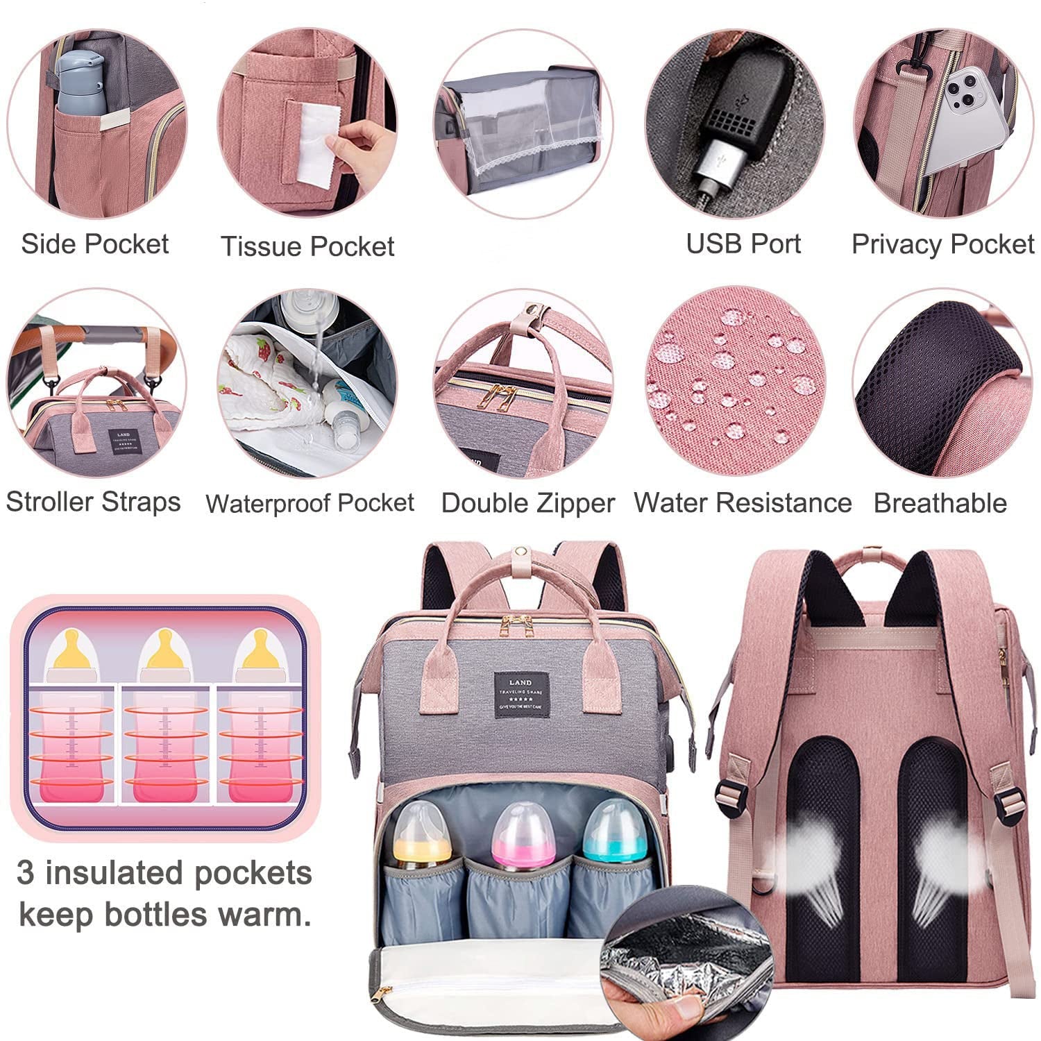 Luxury 7-in-1 Diaper Bag Backpack with Changing Station & USB Charging Port - Stylish Pink-Grey Mommy Bag