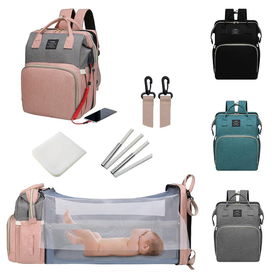 Luxury 7-in-1 Diaper Bag Backpack with Changing Station & USB Charging Port - Stylish Pink-Grey Mommy Bag